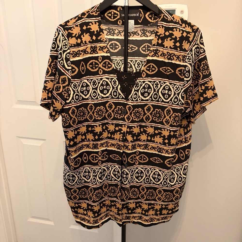 Vintage Sag Harbor Earthy Tribal Print V-Neck Blouse Med Goblincore Boho 90s EVC
